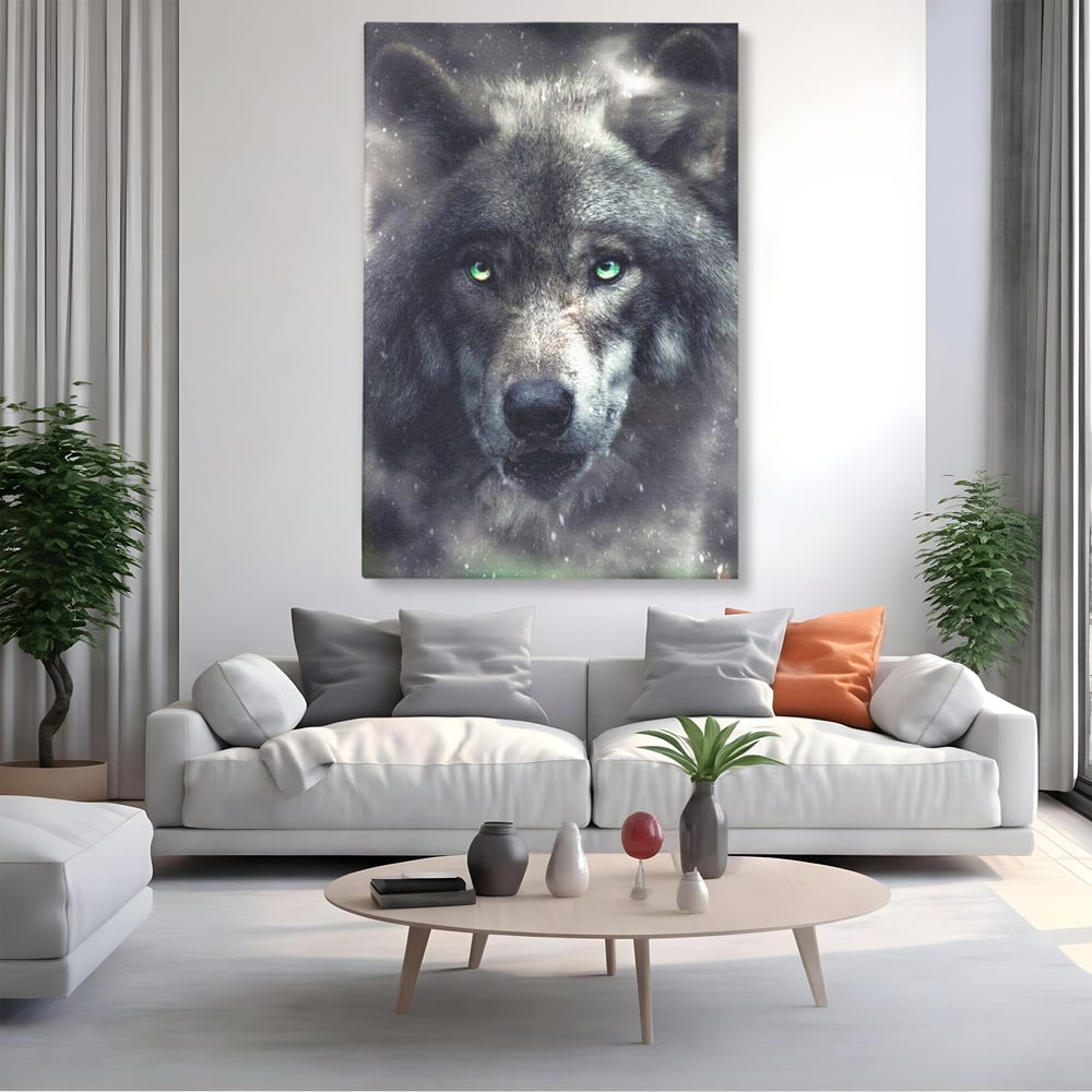 Tablou canvas cu tablou canvas cu cap de lup, fara rama, pe sasiu de lemn, pe perete intr-un living